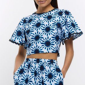 Linen Tie Crop Top Blue Print